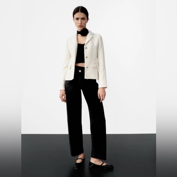 ZARA Cream / white blazer jacket Rhinestones Classy Simple Tweed Sz M - Picture 2 of 16